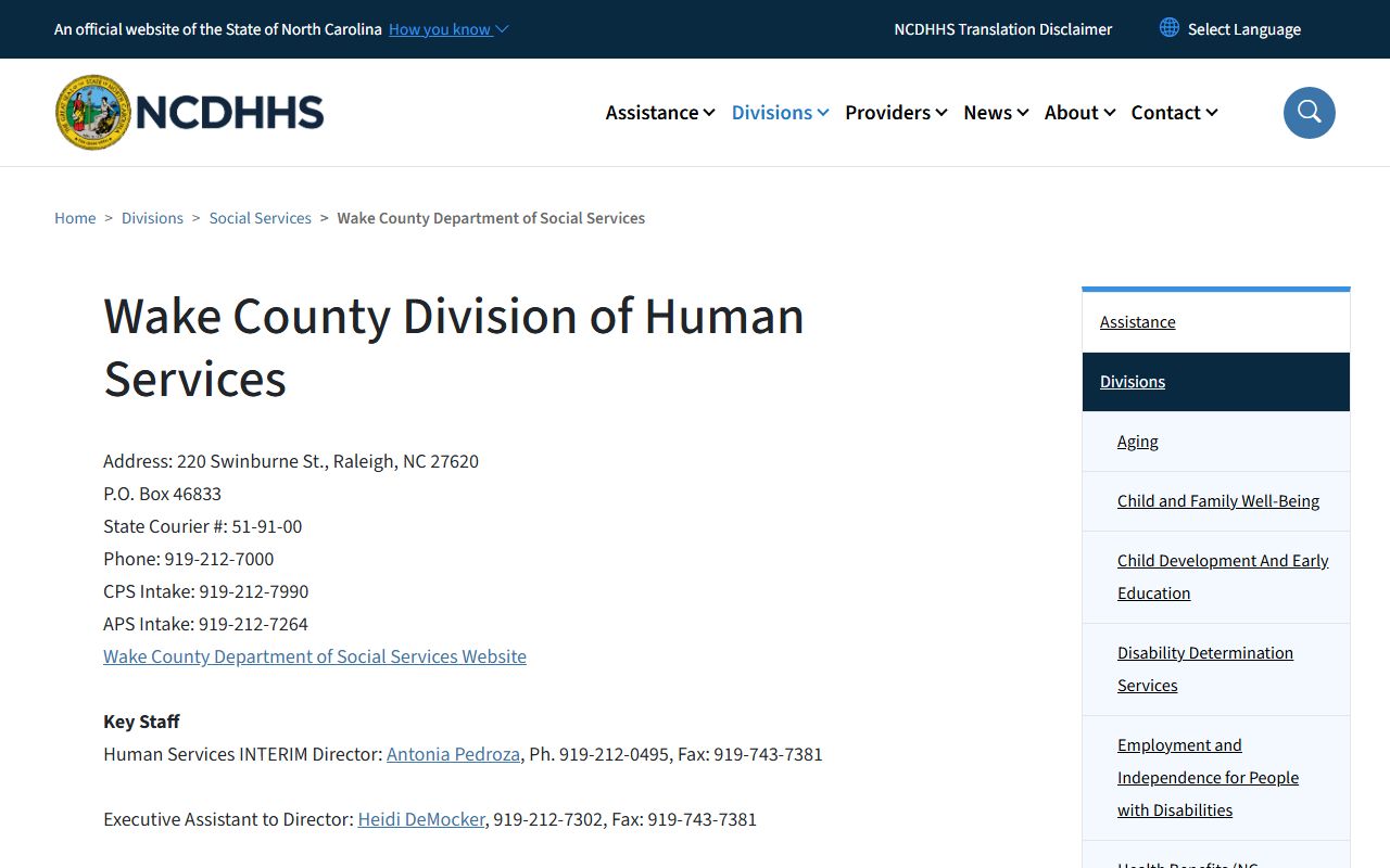 Wake Forest phone directory NCDHHS Wake County human services listing