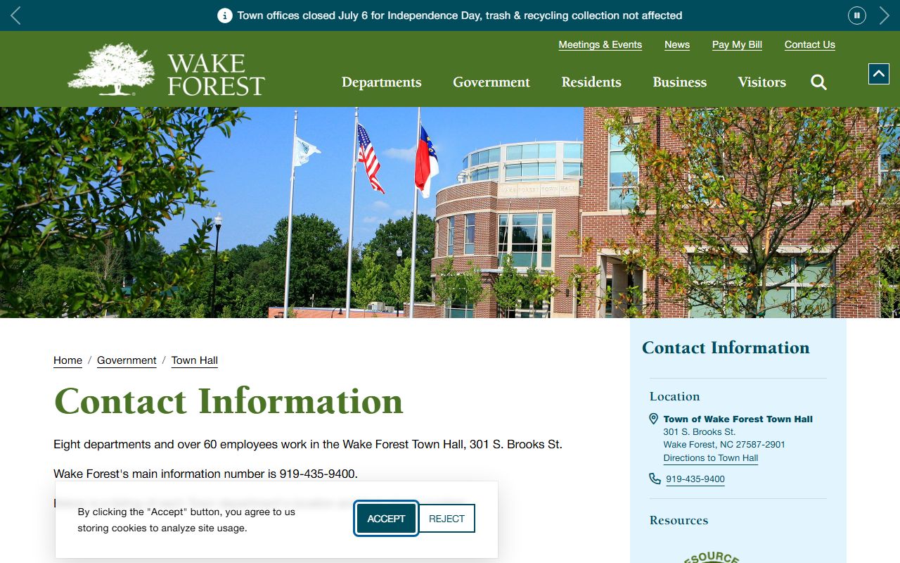 Wake Forest phone directory town contact table