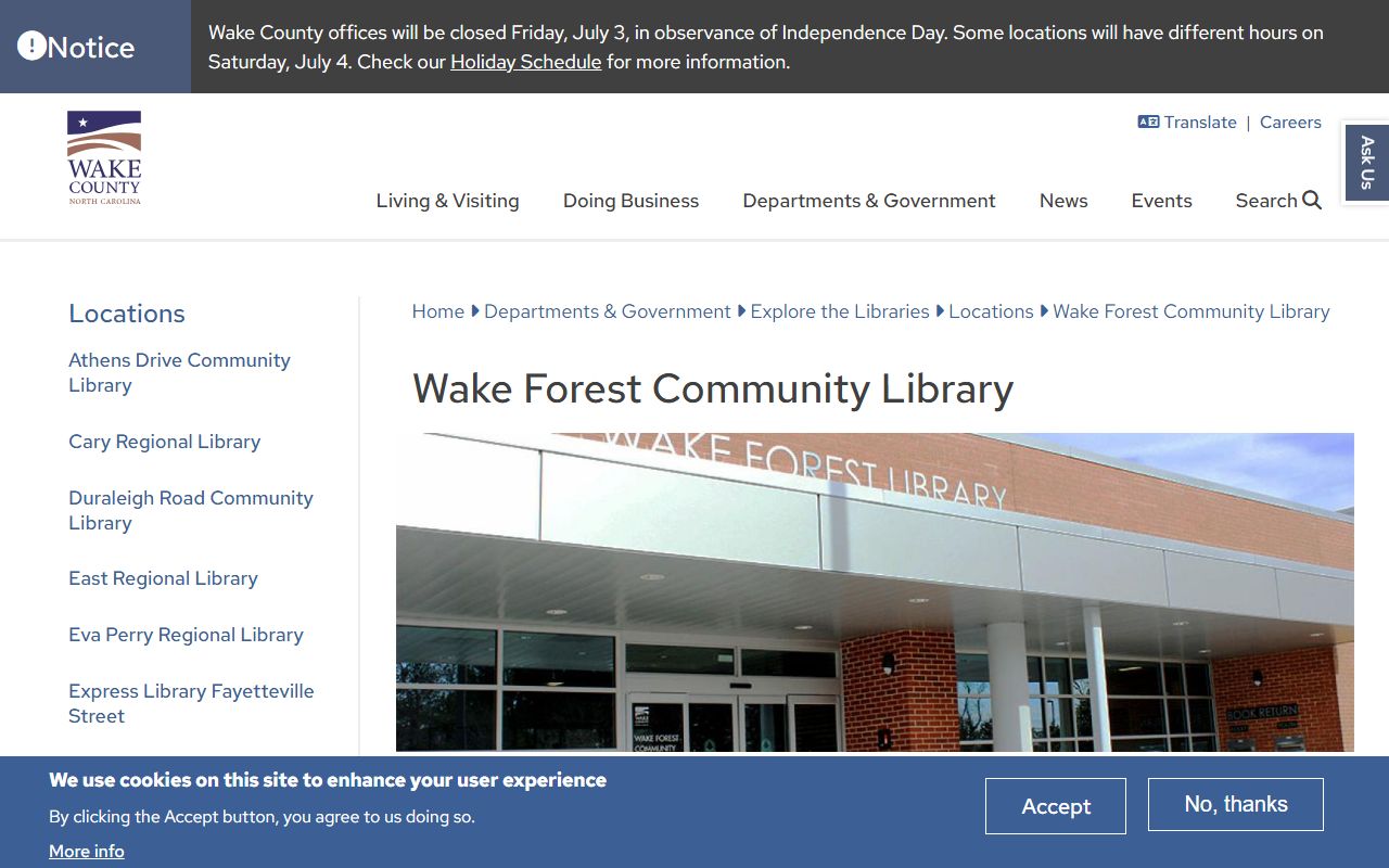 Wake Forest phone directory community library contact page