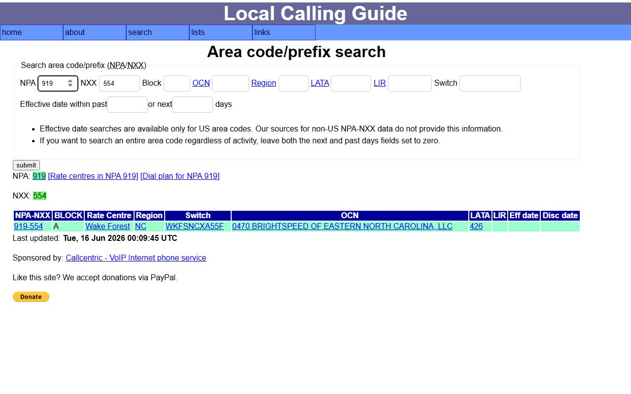 Wake Forest phone area codes NPA NXX lookup sample