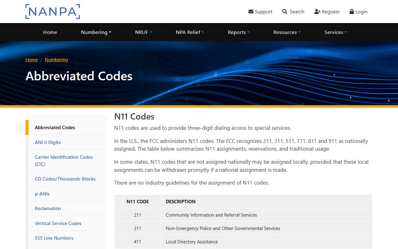 Wake Forest phone codes NANPA N11 abbreviated code reference