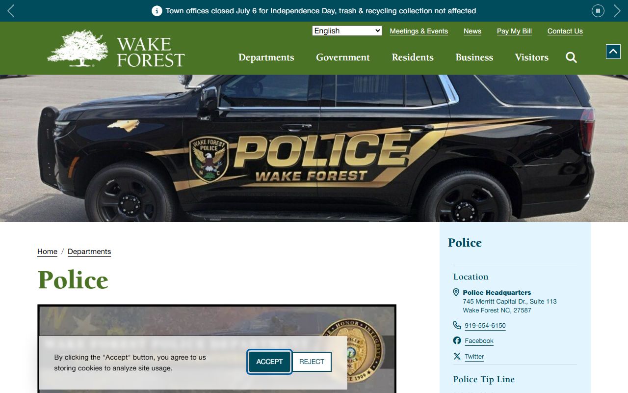 Wake Forest phone numbers police contact page