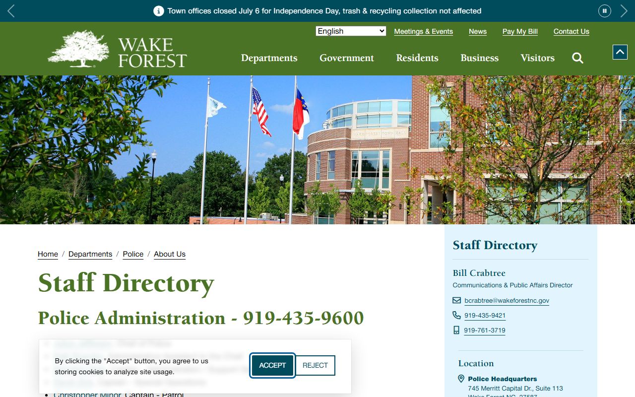Wake Forest phone numbers police division directory