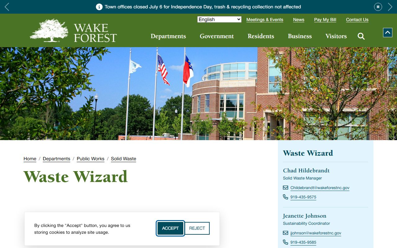 Wake Forest phone numbers Waste Wizard reminder tool